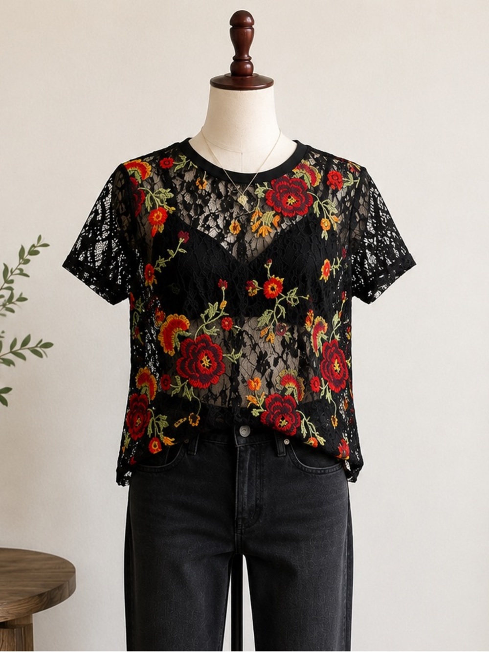 Zara Black Lace Embroidered Floral Top Romantic Goth Boho Medium